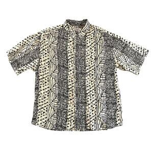 Vintage Summa Silk Button Down Shirt Abstract Print Black Tan 100% Silk - L